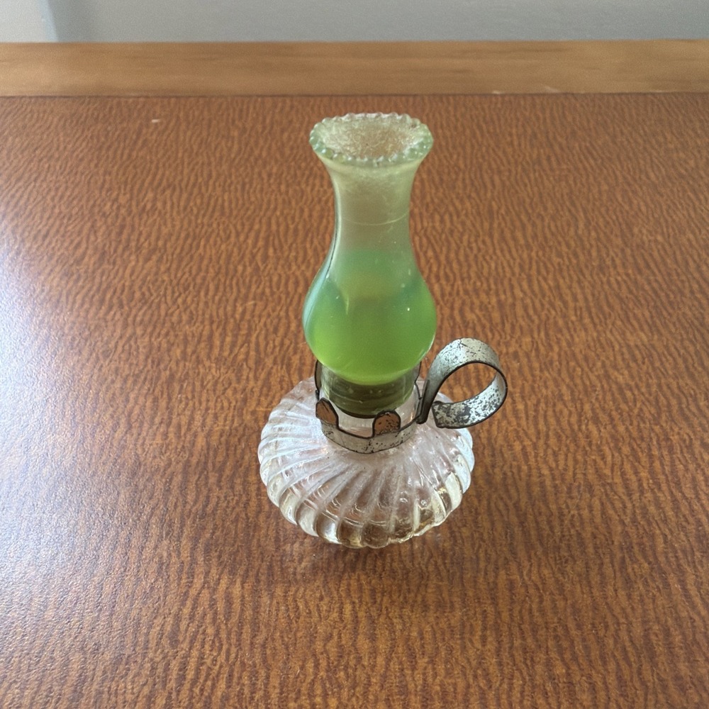 Vtg  Miniature Oil Lamp Perfume Bottle Lamplight Perfume Novell 1950s Lt. Green